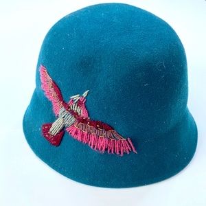 Embroidered 100% Wool Hat Narrow Rim EUC